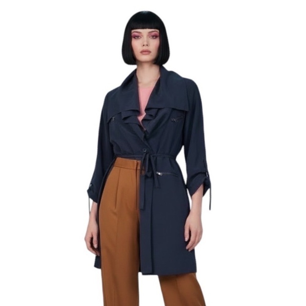 April May Silk Trench Coat Draped Shawl Collar Navy Blue Minimalist Duster M
